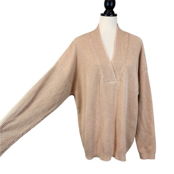 Haven Well Within Cotton Cashmere Blend V-Neck Ribbed Knit Sweater Tan XXL - Picture 6 of 13